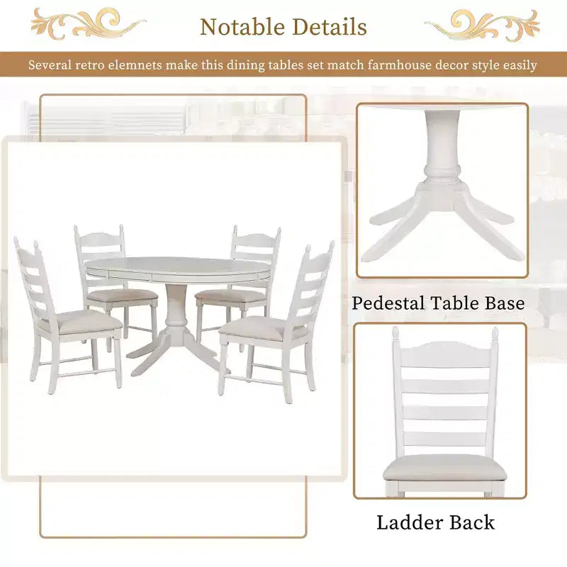 Extendable Round Kitchen Dining Table Set for 4, Farmhouse Dining Set and 4 Upholstered Chairs