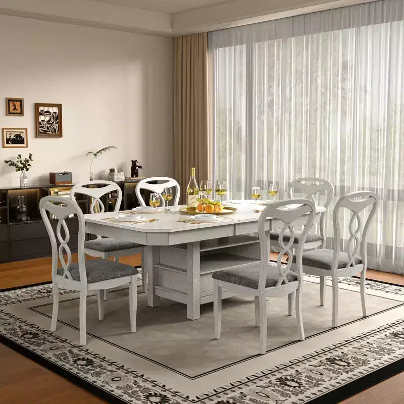 VECELO 5/7 Piece Extendable Dining Table Set, Rubber Wood Table with 4/6 Armless Upholstered Dining Chairs for Kitchen, Gray