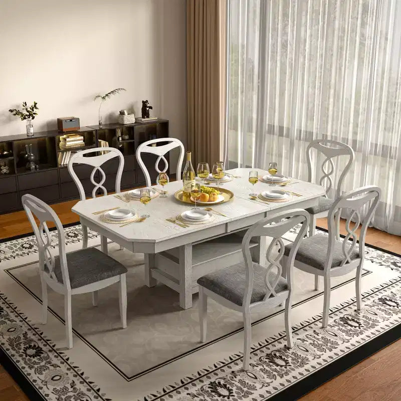 VECELO 5/7 Piece Extendable Dining Table Set, Rubber Wood Table with 4/6 Armless Upholstered Dining Chairs for Kitchen, Gray