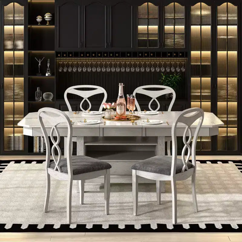 VECELO 5/7 Piece Extendable Dining Table Set, Rubber Wood Table with 4/6 Armless Upholstered Dining Chairs for Kitchen, Gray