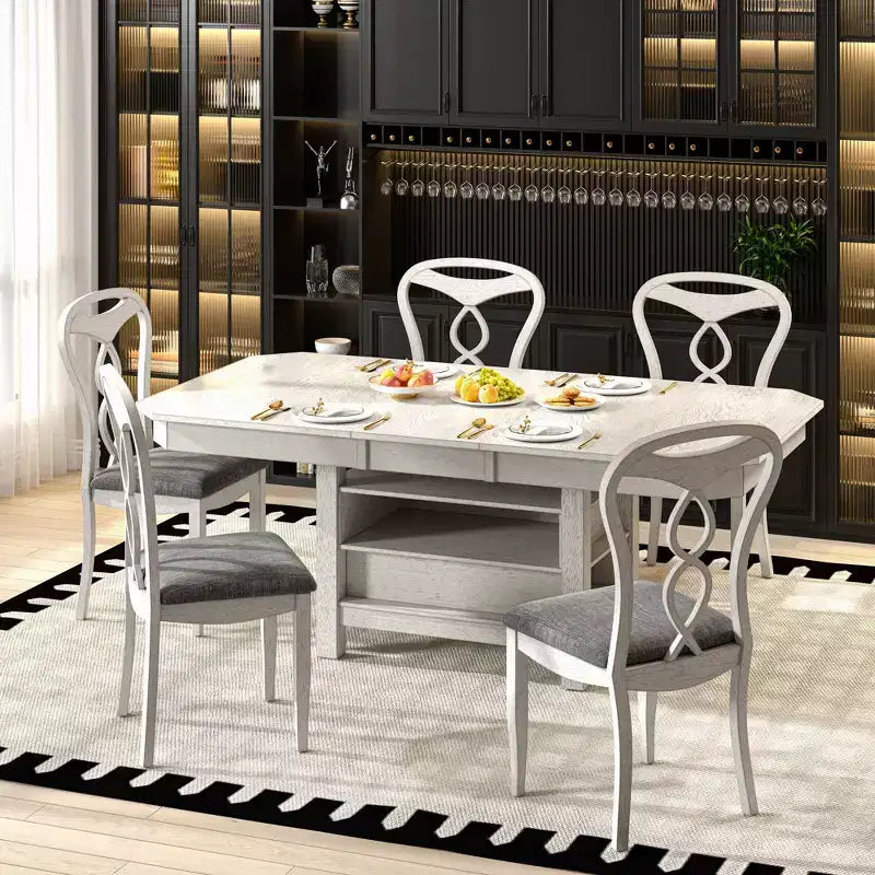 VECELO 5/7 Piece Extendable Dining Table Set, Rubber Wood Table with 4/6 Armless Upholstered Dining Chairs for Kitchen, Gray