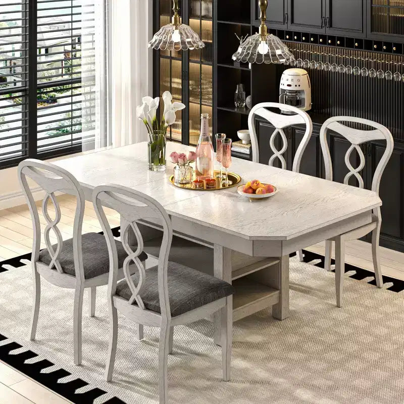 VECELO 5/7 Piece Extendable Dining Table Set, Rubber Wood Table with 4/6 Armless Upholstered Dining Chairs for Kitchen, Gray