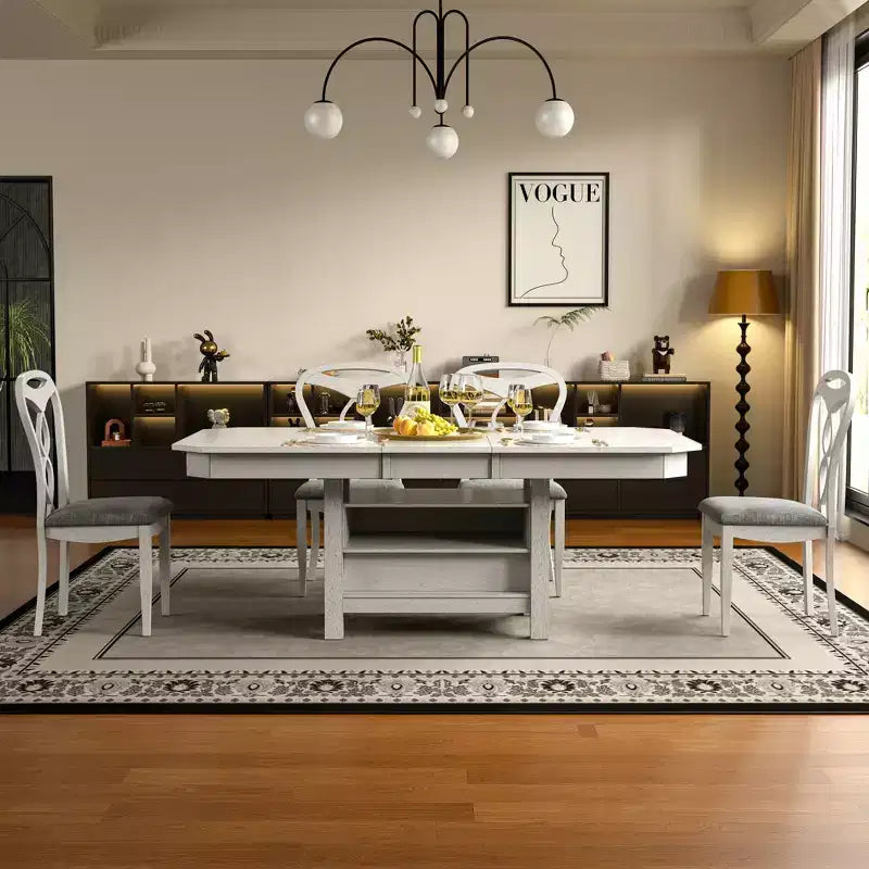 VECELO 5/7 Piece Extendable Dining Table Set, Rubber Wood Table with 4/6 Armless Upholstered Dining Chairs for Kitchen, Gray