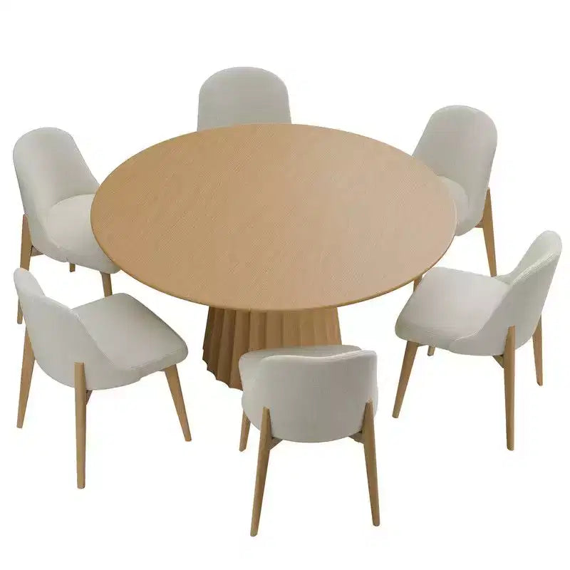 PexFix 52 Modern Round Dining Table Set with 8 Upholstered Chairs Natural Textured Wood Top Pleated Pedestal Base Beige Seats for Kitchen Dining Room
