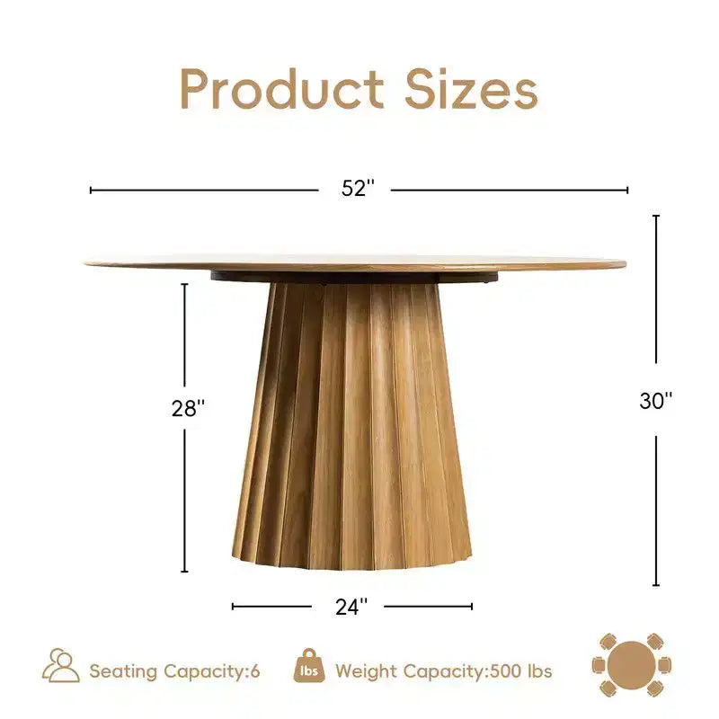 PexFix 52 Modern Round Dining Table Set with 8 Upholstered Chairs Natural Textured Wood Top Pleated Pedestal Base Beige Seats for Kitchen Dining Room