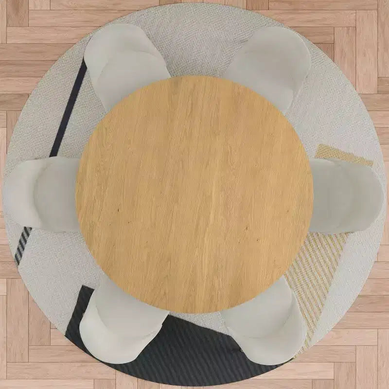 PexFix 52 Modern Round Dining Table Set with 8 Upholstered Chairs Natural Textured Wood Top Pleated Pedestal Base Beige Seats for Kitchen Dining Room