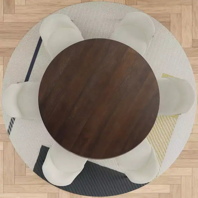 PexFix 52 Modern Round Dining Table Set with 6 Upholstered Chairs Walnut Textured Wood Top Pleated Pedestal Base Beige Seats for Kitchen Dining Room
