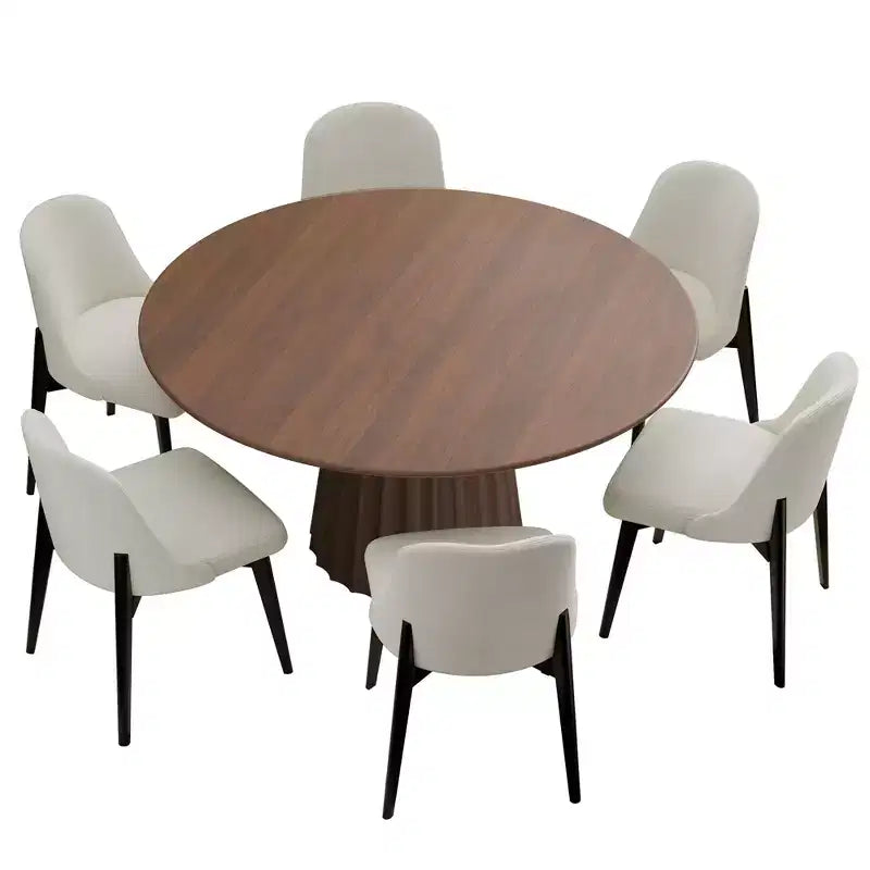 PexFix 52 Modern Round Dining Table Set with 6 Upholstered Chairs Walnut Textured Wood Top Pleated Pedestal Base Beige Seats for Kitchen Dining Room