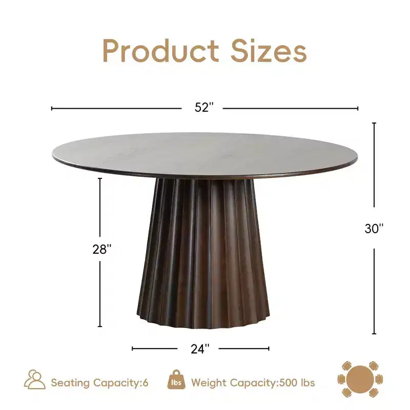PexFix 52 Modern Round Dining Table Set with 6 Upholstered Chairs Walnut Textured Wood Top Pleated Pedestal Base Beige Seats for Kitchen Dining Room