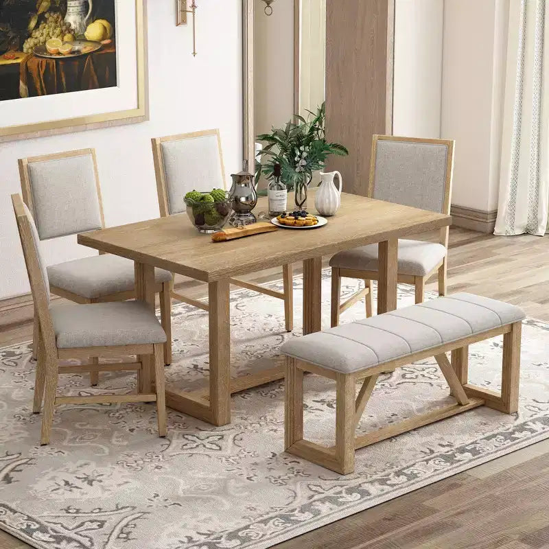 GDFStudio Monica 6 Piece Dining Set with 60 Wood Table and Upholstered Chairs&Bench