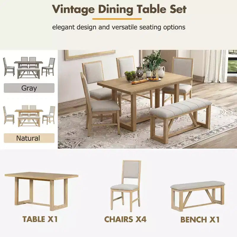 GDFStudio Monica 6 Piece Dining Set with 60 Wood Table and Upholstered Chairs&Bench