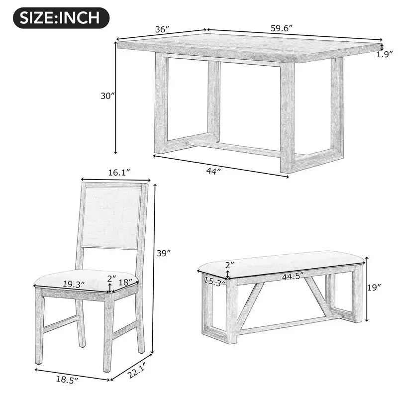 GDFStudio Monica 6 Piece Dining Set with 60 Wood Table and Upholstered Chairs&Bench