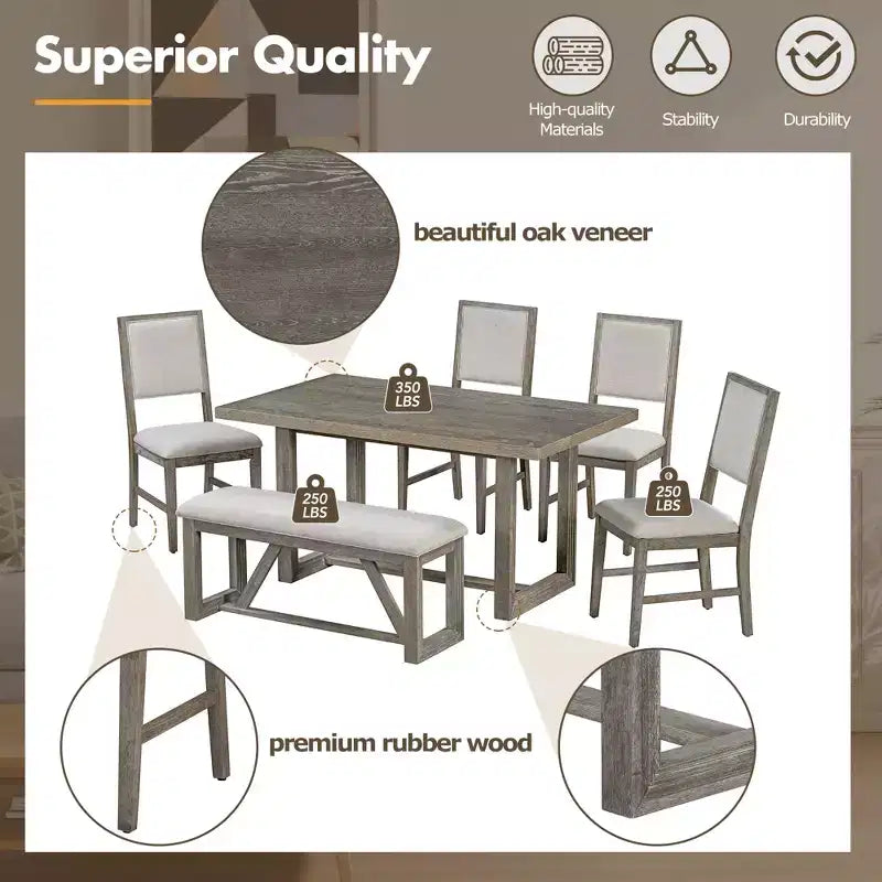 GDFStudio Monica 6 Piece Dining Set with 60 Wood Table and Upholstered Chairs&Bench