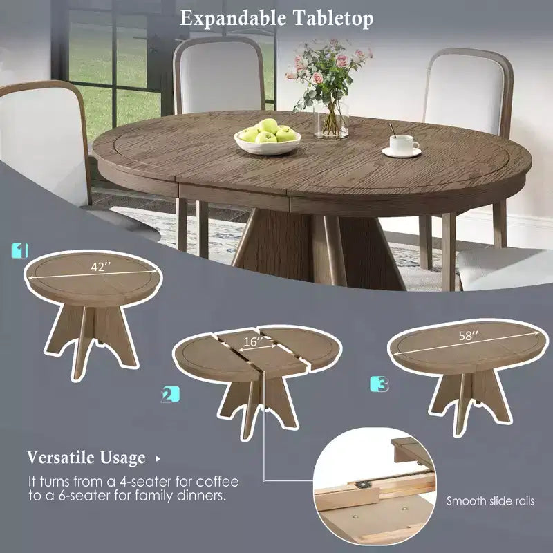 GDFStudio Oliver Vintage Extendable Dining Table Set for 4-6 with 42-58 Farmhouse Table and Upholstered Chairs