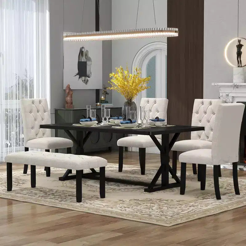 GDFStudio Oliver Vintage Extendable Dining Table Set for 4-6 with 42-58 Farmhouse Table and Upholstered Chairs
