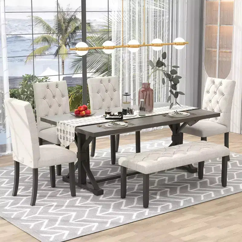 GDFStudio Oliver Vintage Extendable Dining Table Set for 4-6 with 42-58 Farmhouse Table and Upholstered Chairs