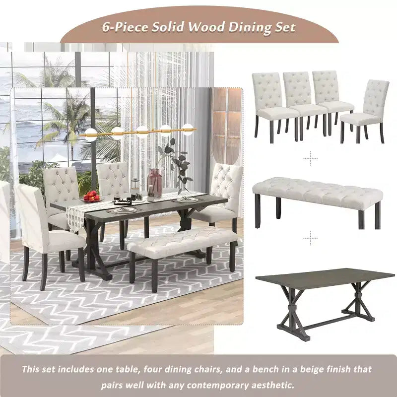 GDFStudio Oliver Vintage Extendable Dining Table Set for 4-6 with 42-58 Farmhouse Table and Upholstered Chairs