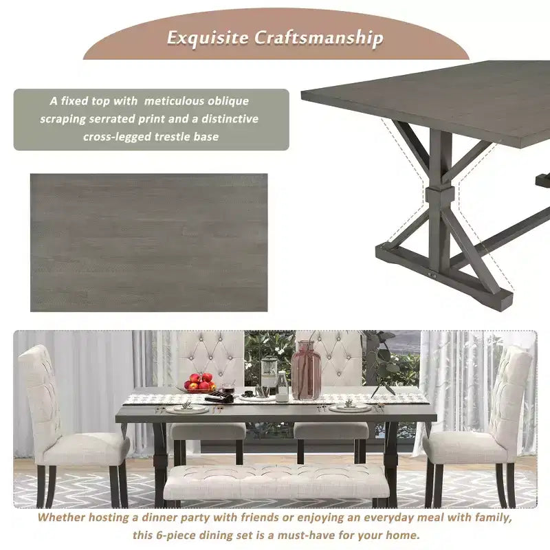 GDFStudio Oliver Vintage Extendable Dining Table Set for 4-6 with 42-58 Farmhouse Table and Upholstered Chairs