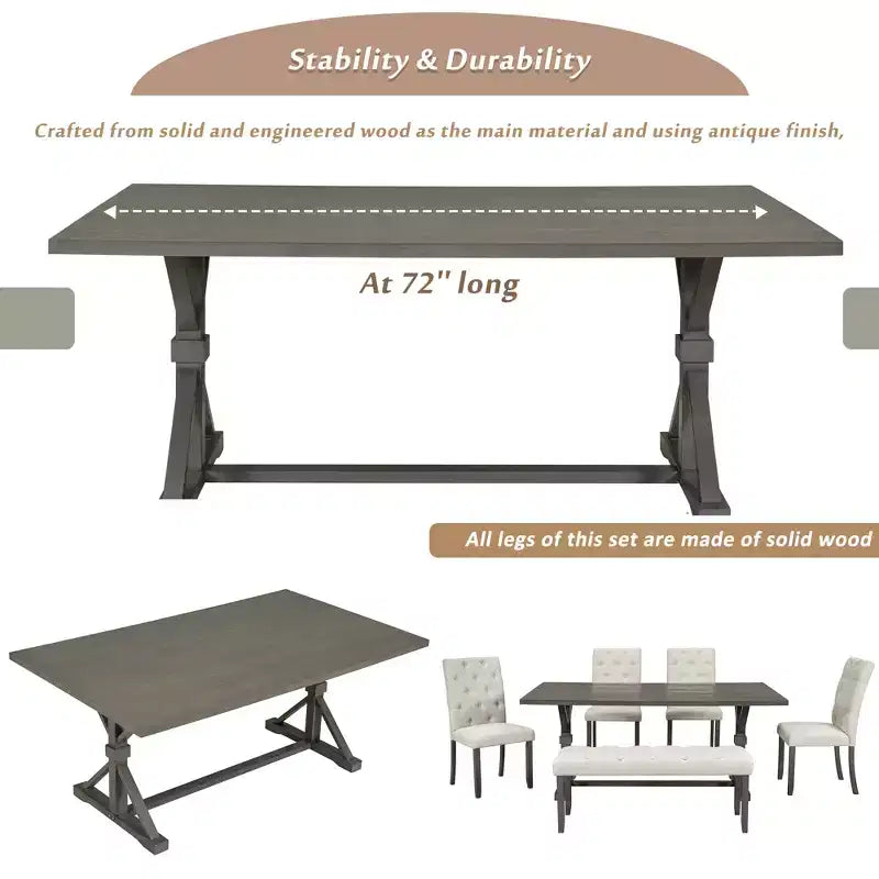 GDFStudio Oliver Vintage Extendable Dining Table Set for 4-6 with 42-58 Farmhouse Table and Upholstered Chairs