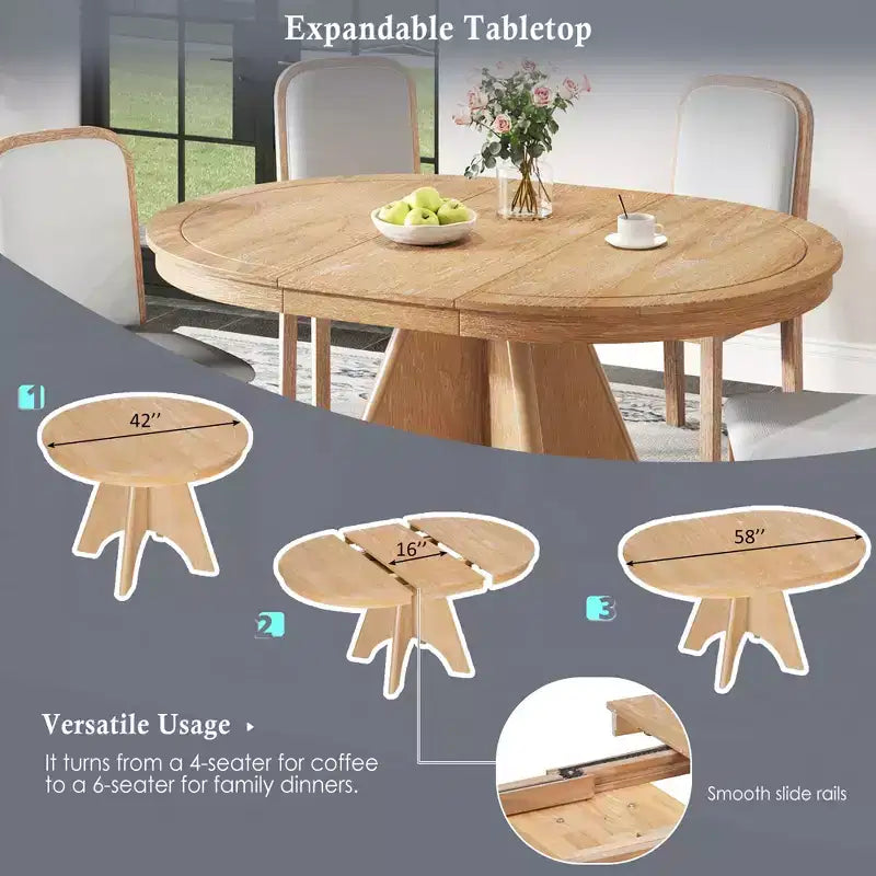 GDFStudio Oliver Vintage Extendable Dining Table Set for 4-6 with 42-58 Farmhouse Table and Upholstered Chairs