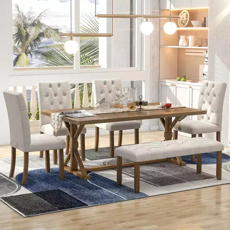 GDFStudio Oliver Vintage Extendable Dining Table Set for 4-6 with 42-58 Farmhouse Table and Upholstered Chairs