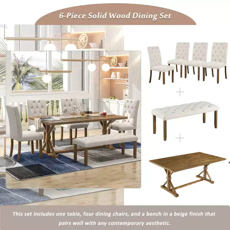 GDFStudio Oliver Vintage Extendable Dining Table Set for 4-6 with 42-58 Farmhouse Table and Upholstered Chairs