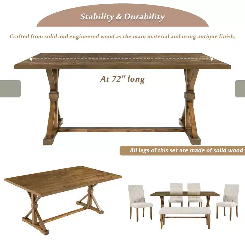 GDFStudio Oliver Vintage Extendable Dining Table Set for 4-6 with 42-58 Farmhouse Table and Upholstered Chairs