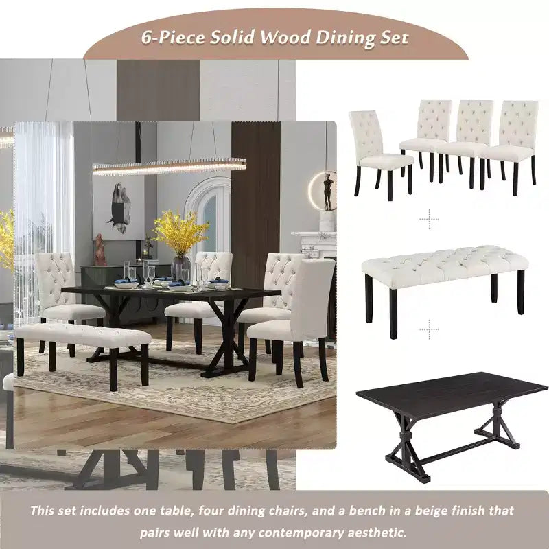 GDFStudio Oliver Vintage Extendable Dining Table Set for 4-6 with 42-58 Farmhouse Table and Upholstered Chairs
