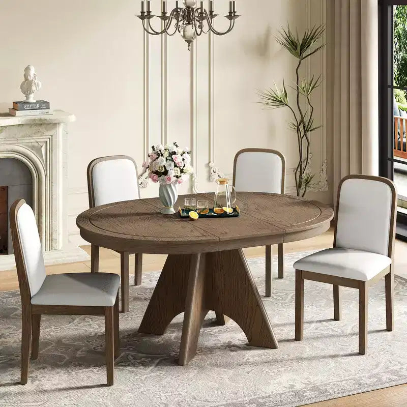 GDFStudio Oliver Vintage Extendable Dining Table Set for 4-6 with 42-58 Farmhouse Table and Upholstered Chairs