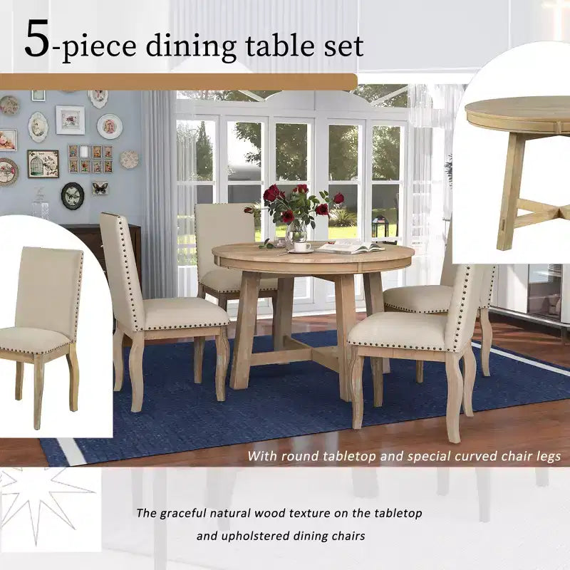 GDFStudio Dana 5 Piece Dining Table Set with Round Extendable Table and Upholstered Chairs