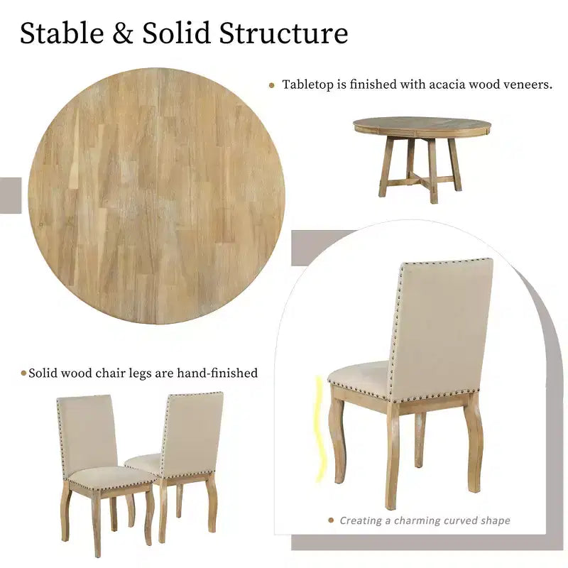 GDFStudio Dana 5 Piece Dining Table Set with Round Extendable Table and Upholstered Chairs