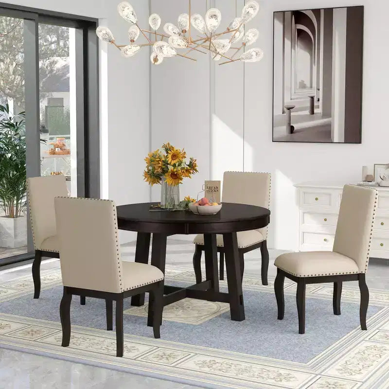 GDFStudio Dana 5 Piece Dining Table Set with Round Extendable Table and Upholstered Chairs