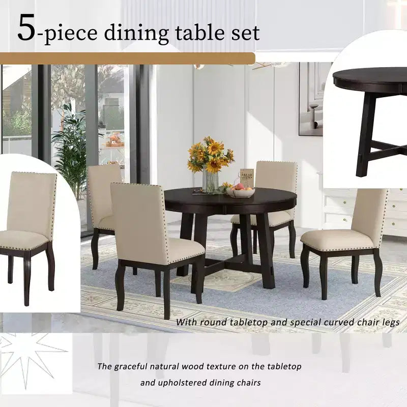 GDFStudio Dana 5 Piece Dining Table Set with Round Extendable Table and Upholstered Chairs