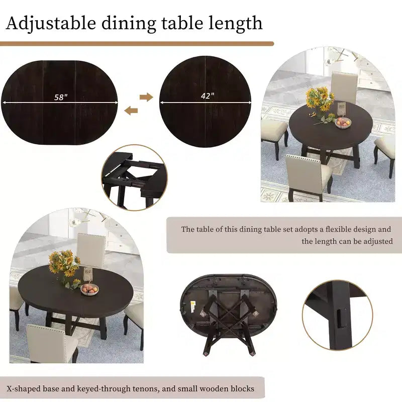 GDFStudio Dana 5 Piece Dining Table Set with Round Extendable Table and Upholstered Chairs