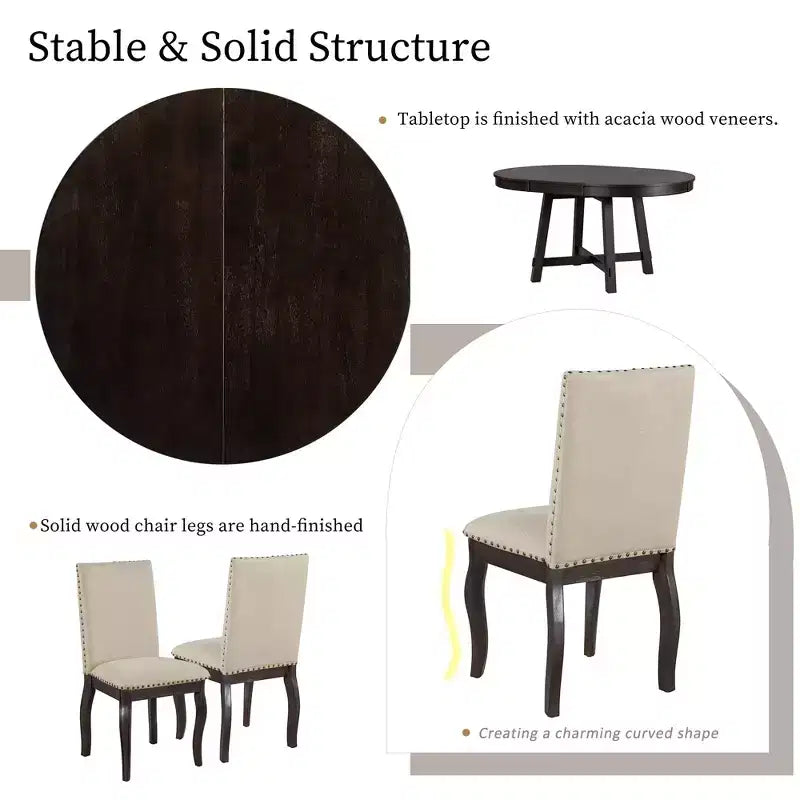 GDFStudio Dana 5 Piece Dining Table Set with Round Extendable Table and Upholstered Chairs