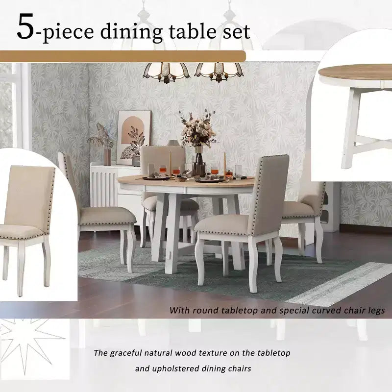 GDFStudio Dana 5 Piece Dining Table Set with Round Extendable Table and Upholstered Chairs
