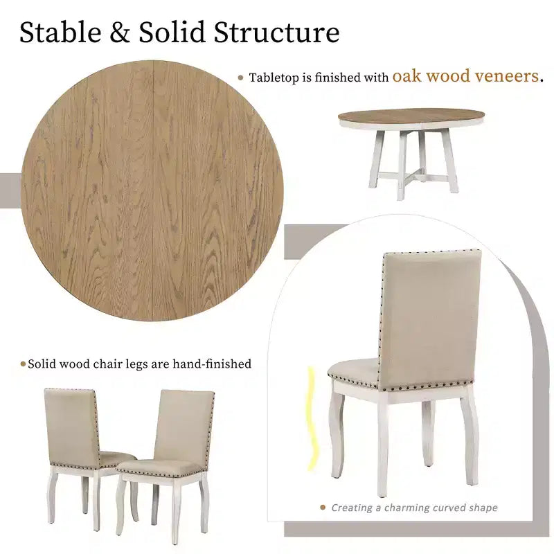 GDFStudio Dana 5 Piece Dining Table Set with Round Extendable Table and Upholstered Chairs