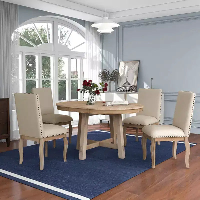 GDFStudio Dana 5 Piece Dining Table Set with Round Extendable Table and Upholstered Chairs