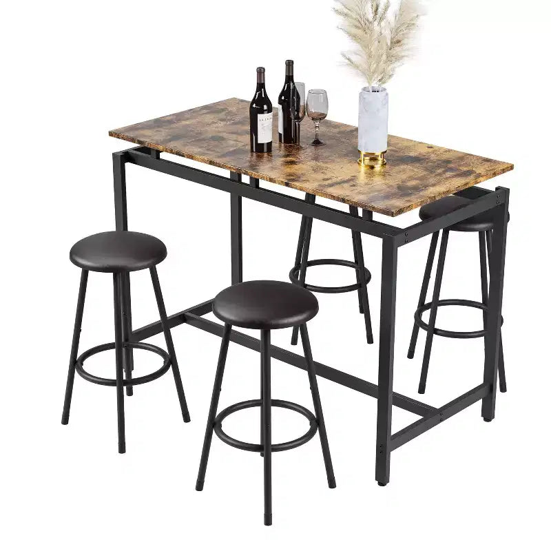 Homy Casa 5-Piece Industrial Bar Table and Stools Set, Rustic Brown and Black  Modern Counter-Height Dining Set