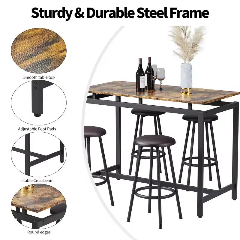 Homy Casa 5-Piece Industrial Bar Table and Stools Set, Rustic Brown and Black  Modern Counter-Height Dining Set