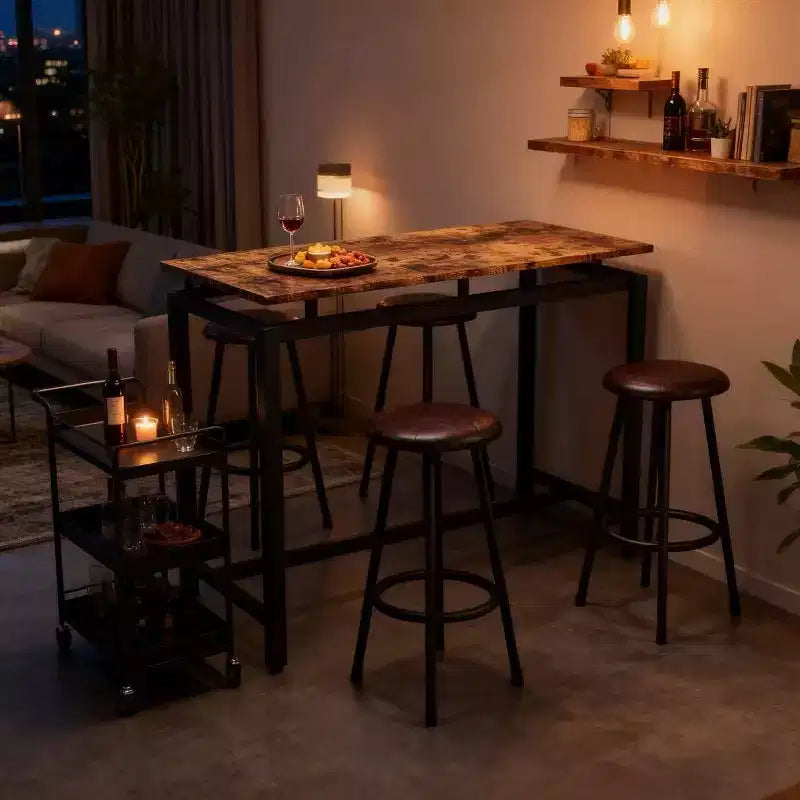 Homy Casa 5-Piece Industrial Bar Table and Stools Set, Rustic Brown and Black  Modern Counter-Height Dining Set