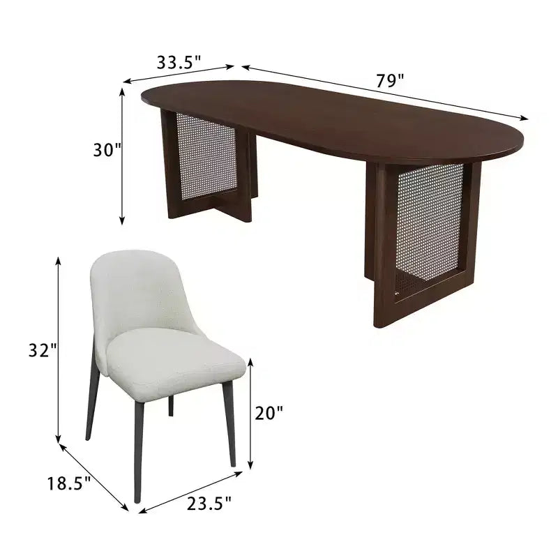 79 inch Vine Woven Oval Walnut Colored Dining Table with 8 Dining chairs Suitable for Dining Room and Living Room