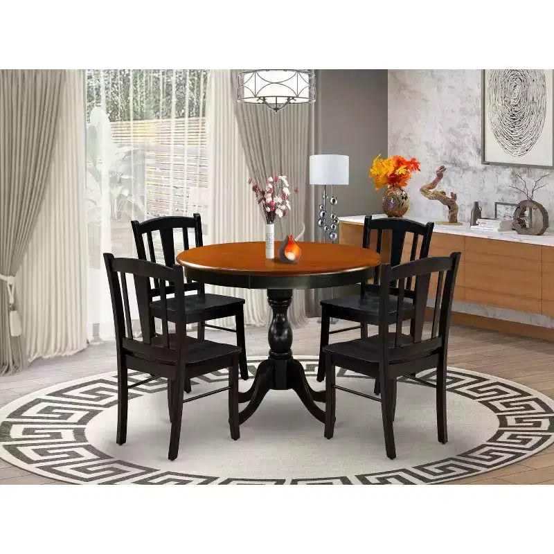 HomeStock 5-Piece Round Black and Cherry Finish Solid Wood Top Dining table with 4 Chairs with Slat Back