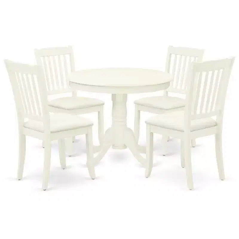 HomeStock 5-Piece Round Linen White Finish Solid Wood Top Dining table with 4-Chairs with Slat Back