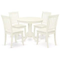 HomeStock 5-Piece Round Linen White Finish Solid Wood Top Dining table with 4-Chairs with Slat Back