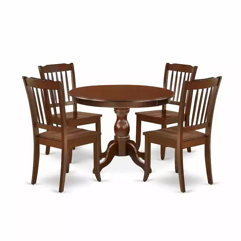 HomeStock 5-Piece Mahogany Finish Solid Wood Top Dining table with 4-Chairs with Slat Back