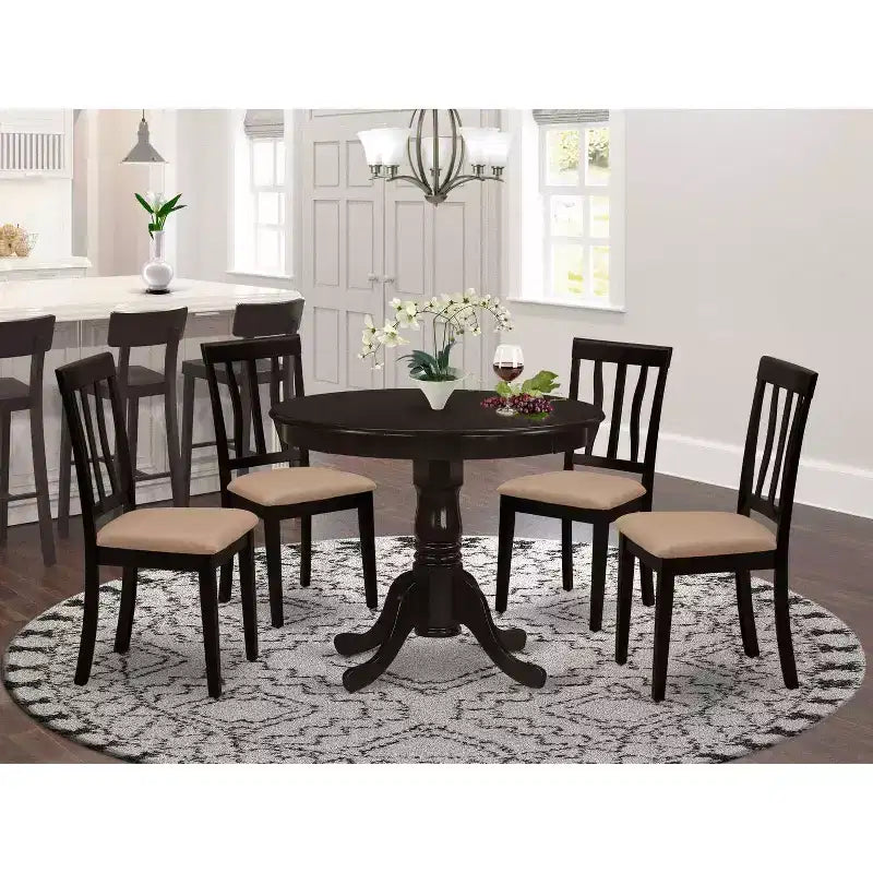 5-Piece Round Cappuccino Finish Solid Wood Top Dining table with 4 Chairs with