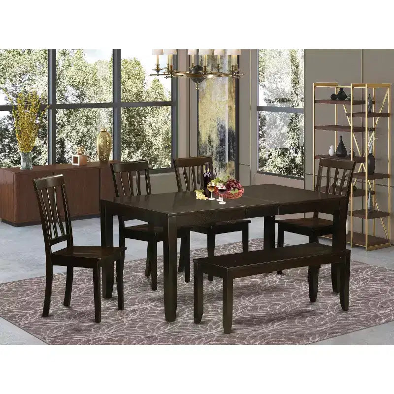 Dinette Set 6 Piece - Rectangular Table & 4 Chairs with Bench - Cappuccino Finish - 54/66 Table