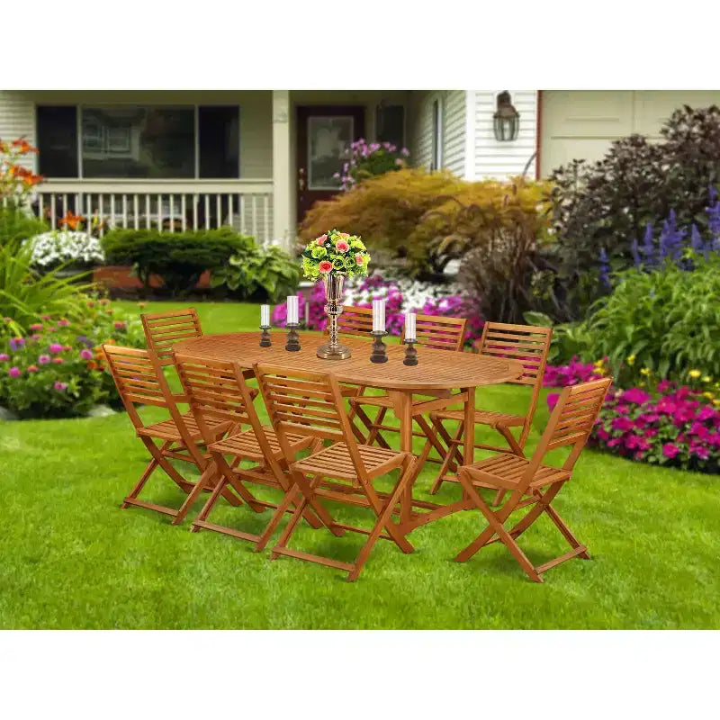 HomeStock 9-Piece Natural Oak Finish Solid Wood Top Dining Table with 8 Chairs