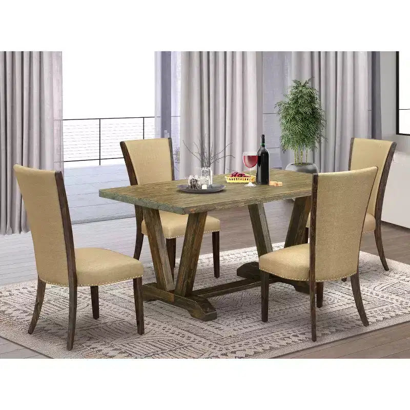 HomeStock 5-Piece Distressed Jacobean Finish Solid Wood Top Dining Table with 4 Upholstered Chairs